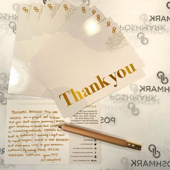 POSHMARK OFFICIAL THANK YOU CARDS & STICKERS BUNDLE SET 40 PC CREAM GOLD SHIP - Picture 2 of 3